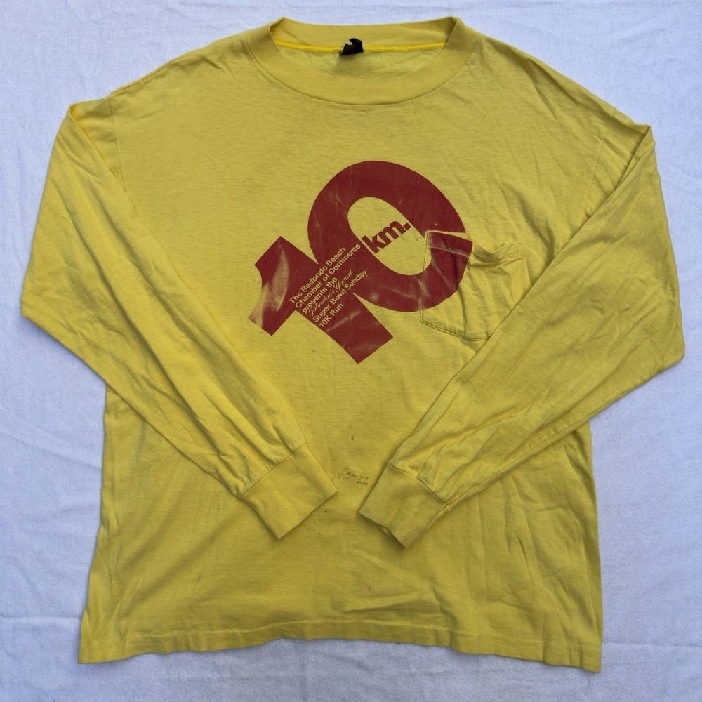 Vintage 80s Anvil Long Sleeve Pocket T Shirt 10K Redondo Beach CA Size XL Yellow